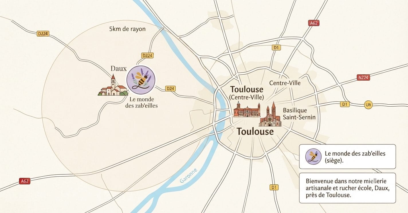 Carte de nos points de vente et localisation de la miellerie Le Monde des Zab'eilles entre Daux et Toulouse