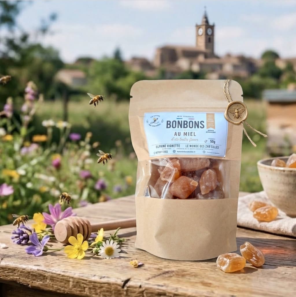 Bonbons au miel artisanal des zabeilles 1 Sachet kraft 50g de bonbons au miel artisanal Le Monde des Zab'eilles posé sur un plateau en bois à Daux.